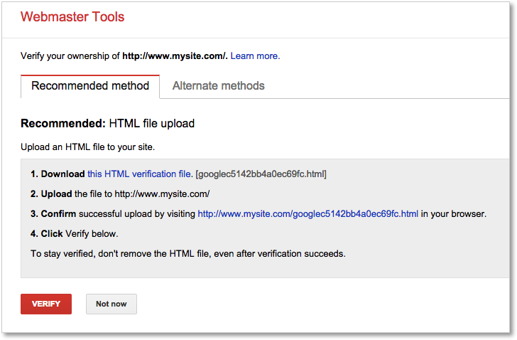 Google Webmaster Tools Recommended method to verify site ownership